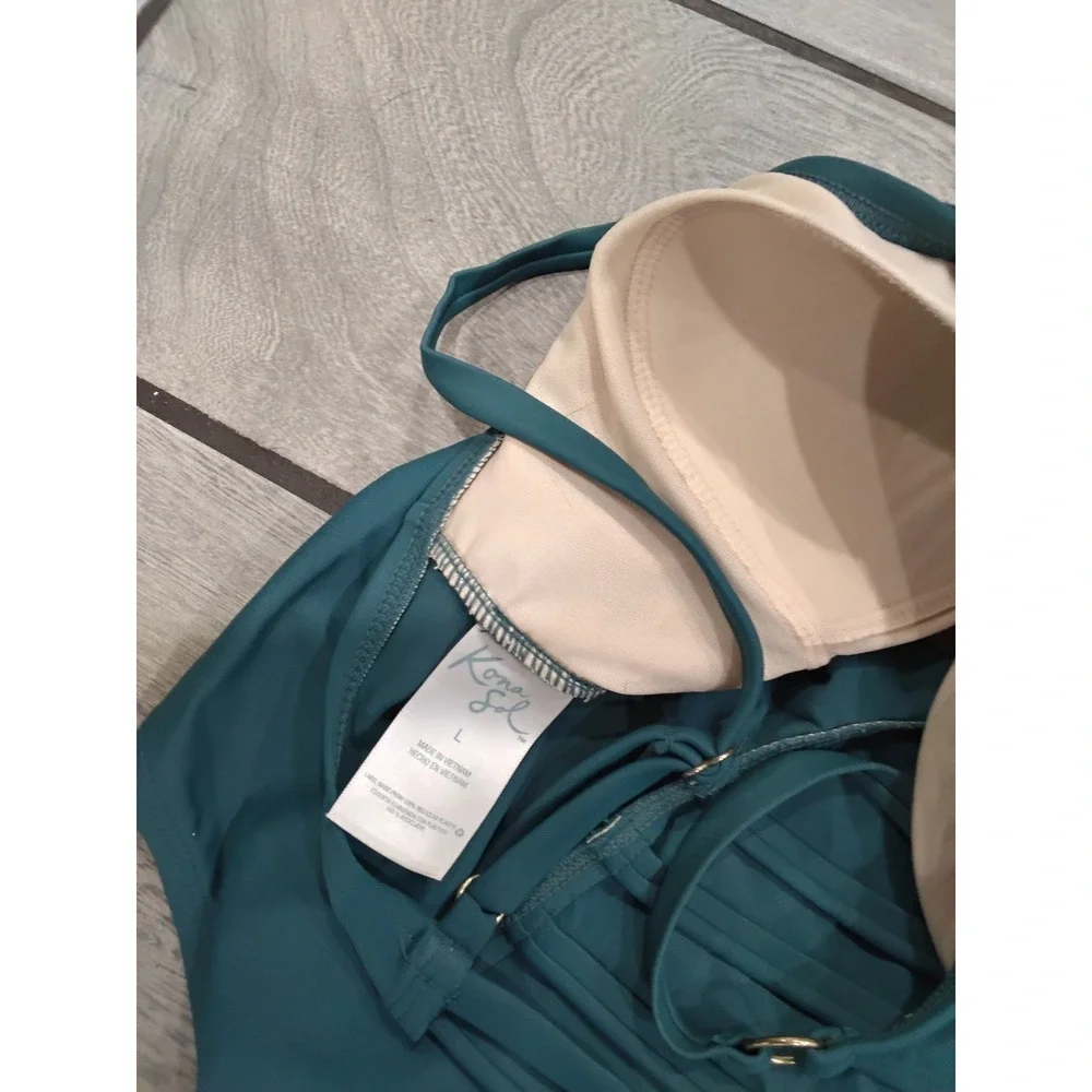 Kona Sol Womens Teal Blue Ruched‎ Front Ladder Back One Piece Swimsuit Size L